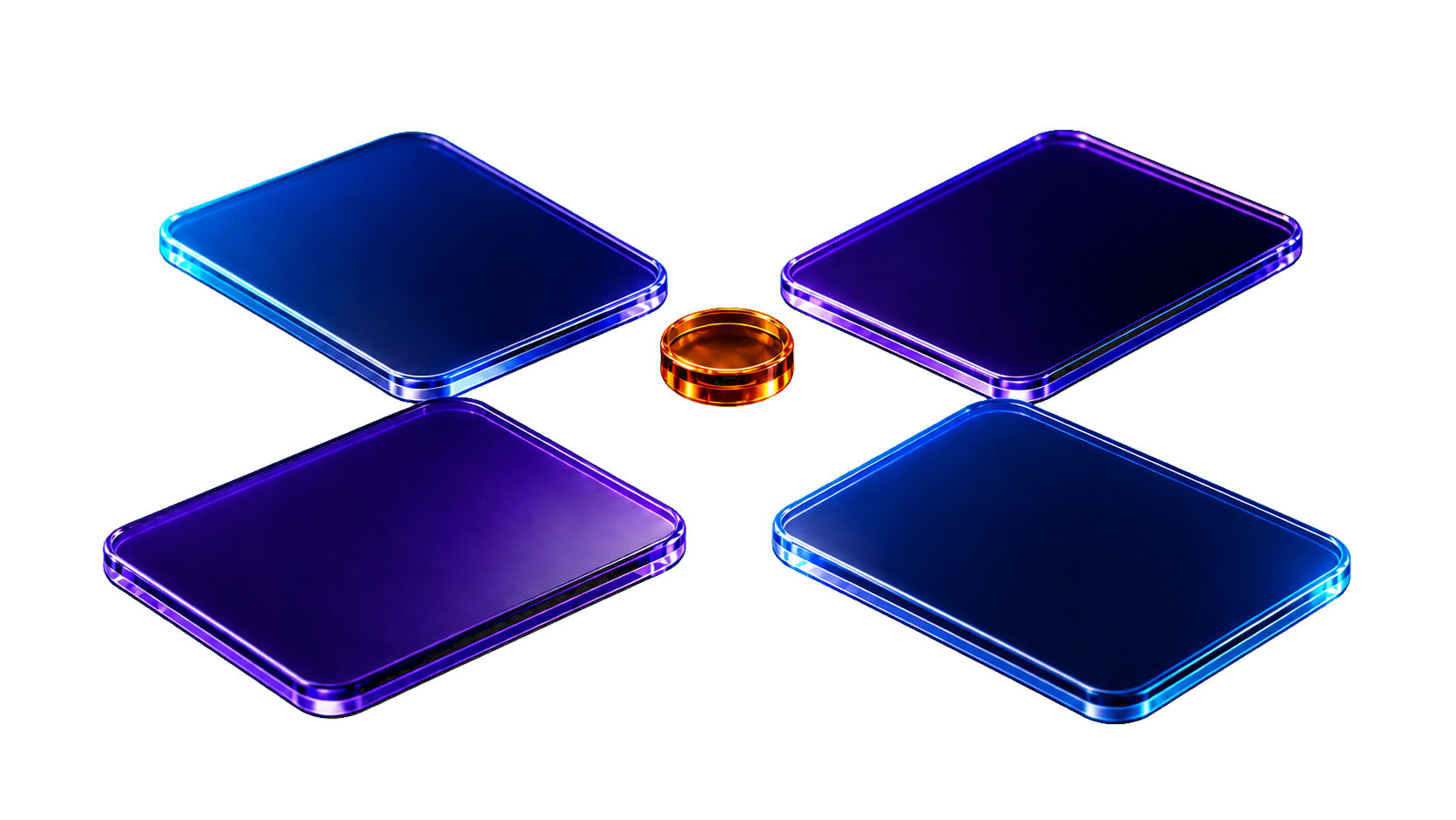 Four luminous planning surfaces gathered around one shared signal