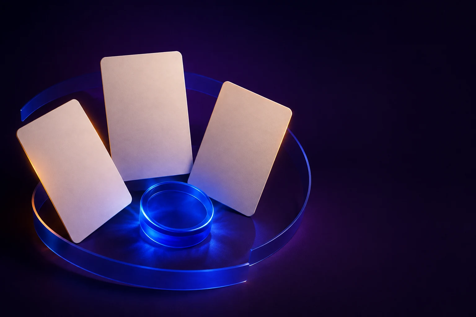 Three blank ivory estimation cards converging around a blue token with a violet orbit ribbon.