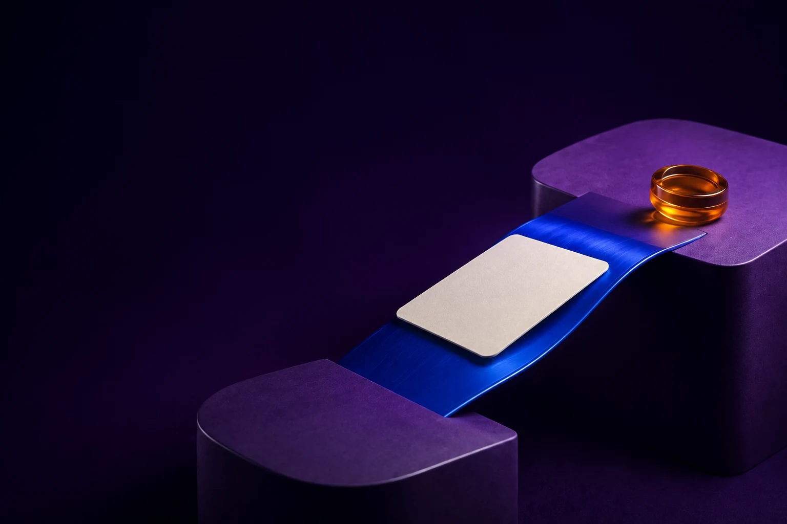 An ivory card crossing a blue bridge between violet platforms with an amber marker at the far side.